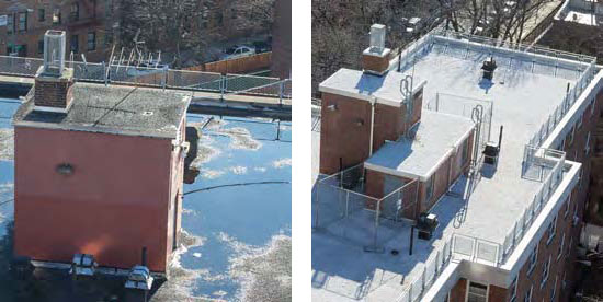 At left, the roof with standing water at Parkside Houses is scheduled for replacement. At right is a Parkside Houses building with a new roof.