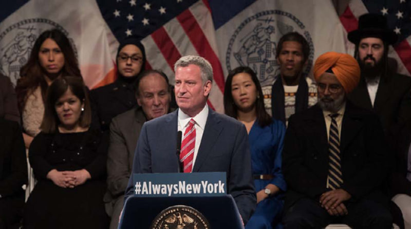 Mayor Bill de Blasio at historic Cooper Union in Manhattan on November 21, 2016, where he expressed New Yorkers’ shared values as a city with “room for everyone.”