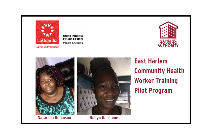 two women and text: East Harlem Community Health Worker Training Pilot Program