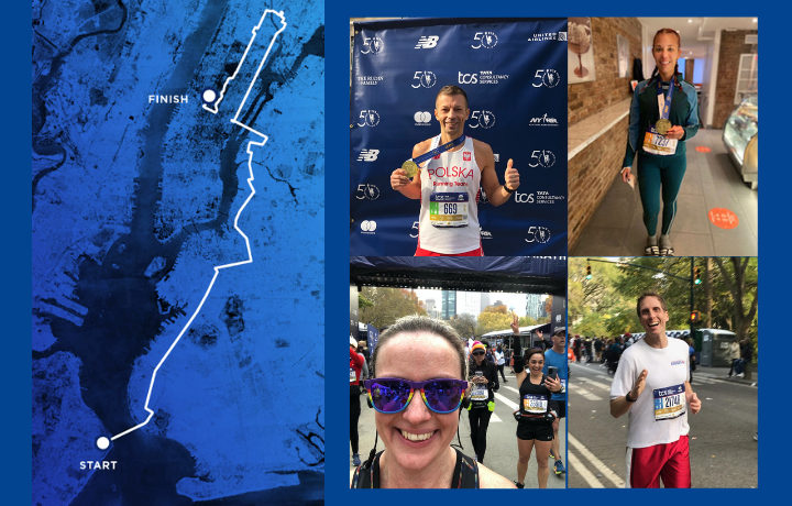 map of nyc marathon route and 4 photos of people/runners