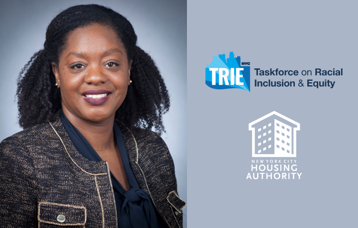 portrait of woman with two logos, NYCHA house logo and Taskforce on Racial Inclusion & Equity logo