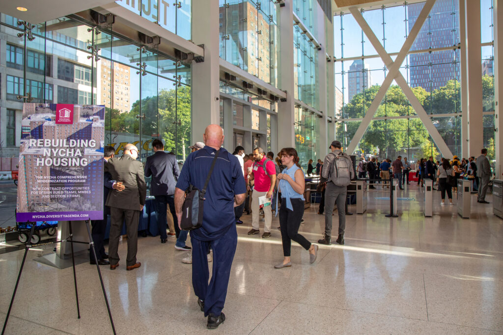lobby with people walking around
