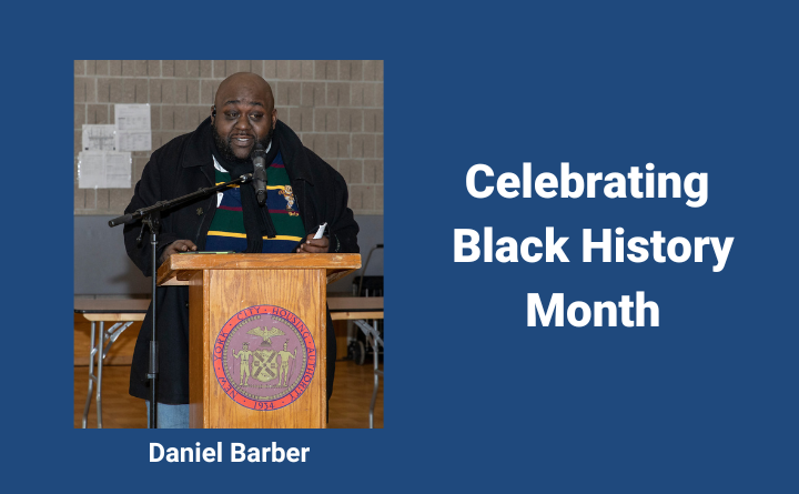 image of man at podium, text says Daniel Barber, Celebrating Black History Month