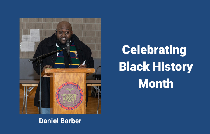 image of man at podium, text says Daniel Barber, Celebrating Black History Month