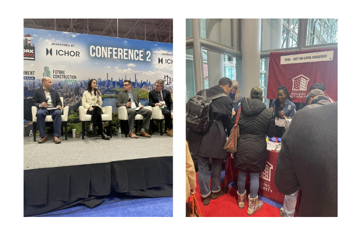 two images, on the left a woman is holding a mic while seated on a stage, two other people are seated on stage, too.

On the right, a group of people are standing around a table at an expo.