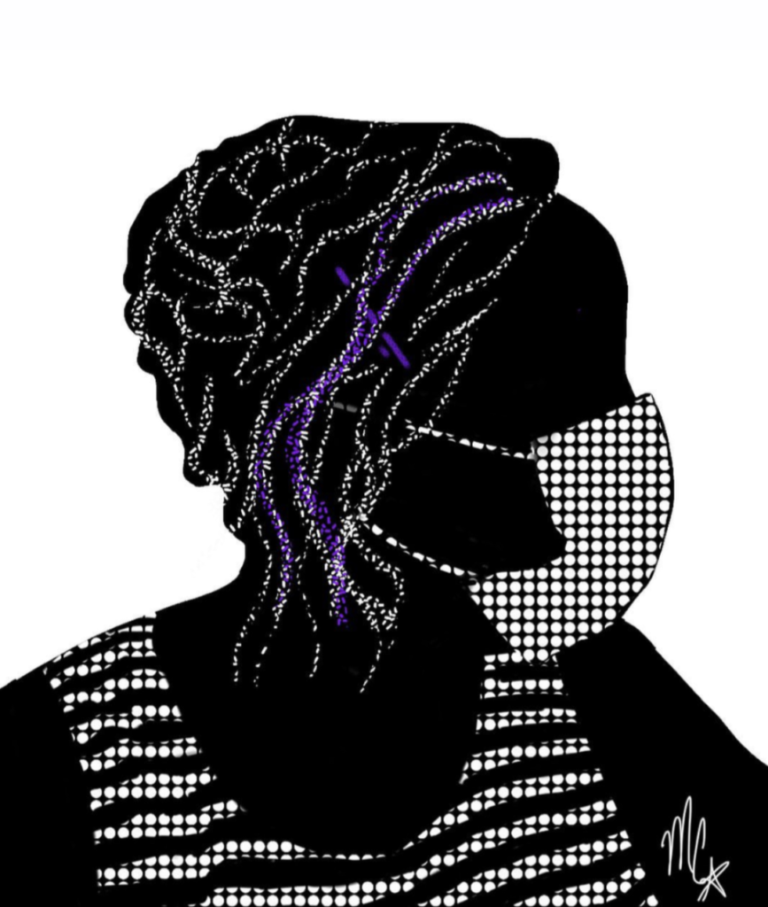 digital art, profile silhouette of woman wearing mask