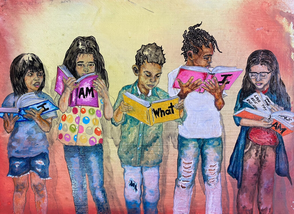 painting of five children reading books