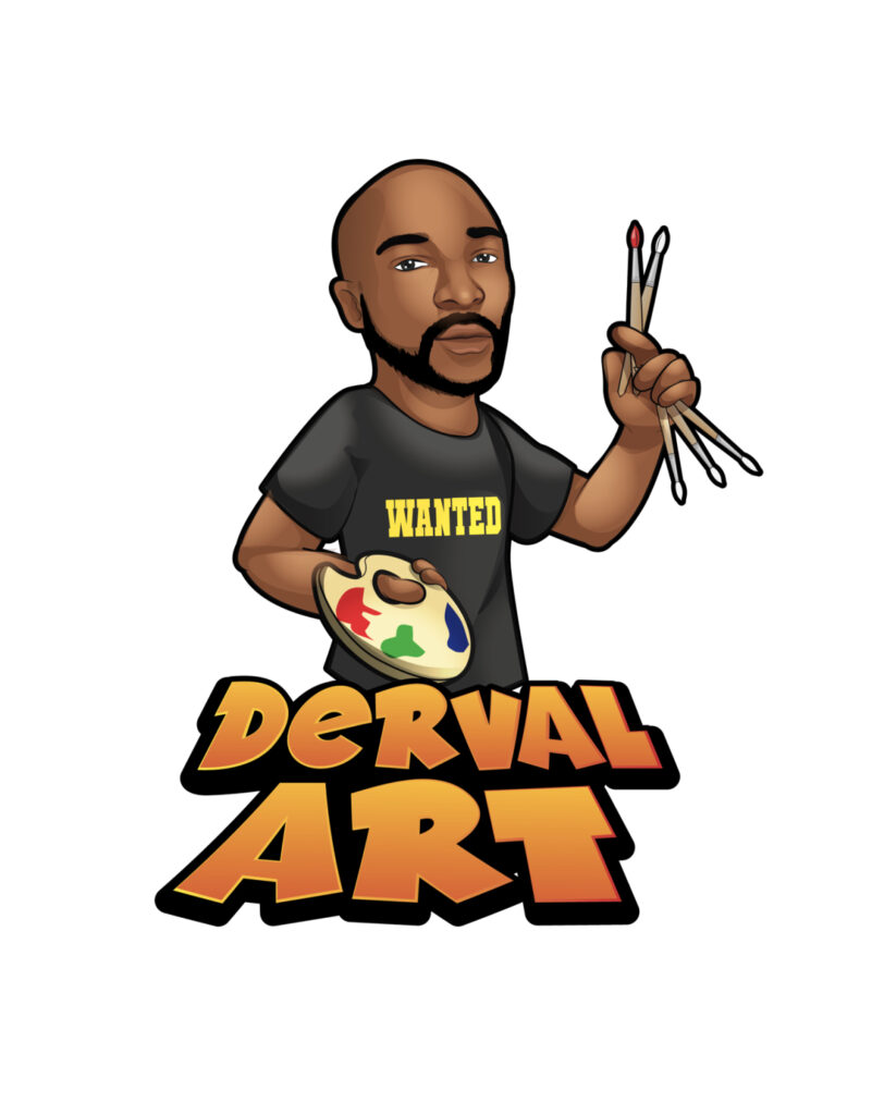 digital image of man holding paintbrushes, paint palette, and the words Derval Art