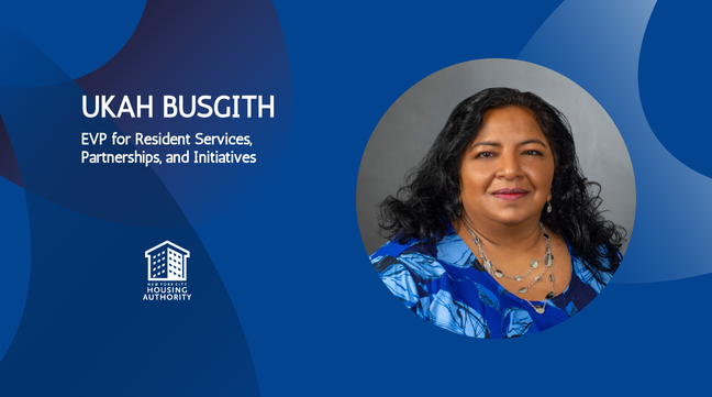 headshot of a woman text on blue background: Ukah Busgith EVP for Resident Services, Partnerships, and Initiatives and NYCHA logo