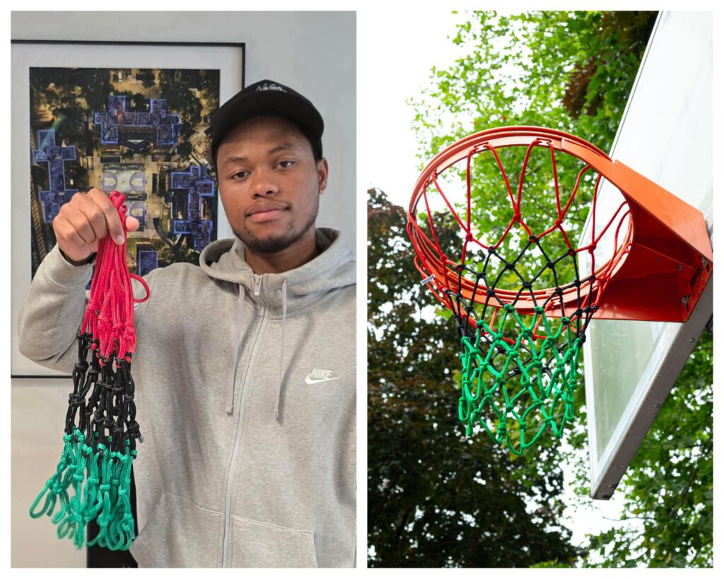 collage of two photos: 1- man holding basketball net 2- basketball net