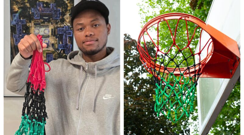 collage of two photos: 1- man holding basketball net 2- basketball net