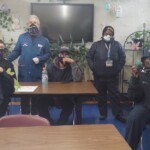 Homemade mask distribution at Berry Houses (from left to right: Caretaker Patty Villegas, Assistant Superintendent Justin Calnan, Retired Superintendent/Heating Training Staffperson Fernando Quintero, Caretaker Eugene Sheftall, Caretaker Joyce Currie, and Caretaker Valentina Chestnut) Mask distribution at Berry Houses