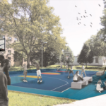 A design rendering of the upgraded basketball court at Pomonok Houses. Pomonok court rendering