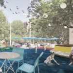 A design rendering of the proposed communal barbeque and seating area. Pomonok bbq rendering